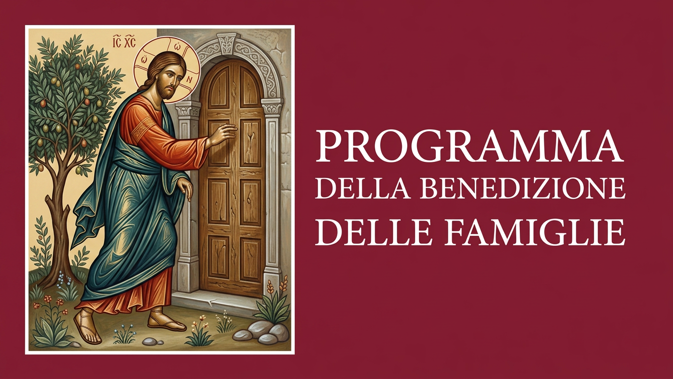 Religious icon of Jesus knocking on a wooden door next to text 'PROGRAMMA DELLA BENEDIZIONE DELLE FAMIGLIE'